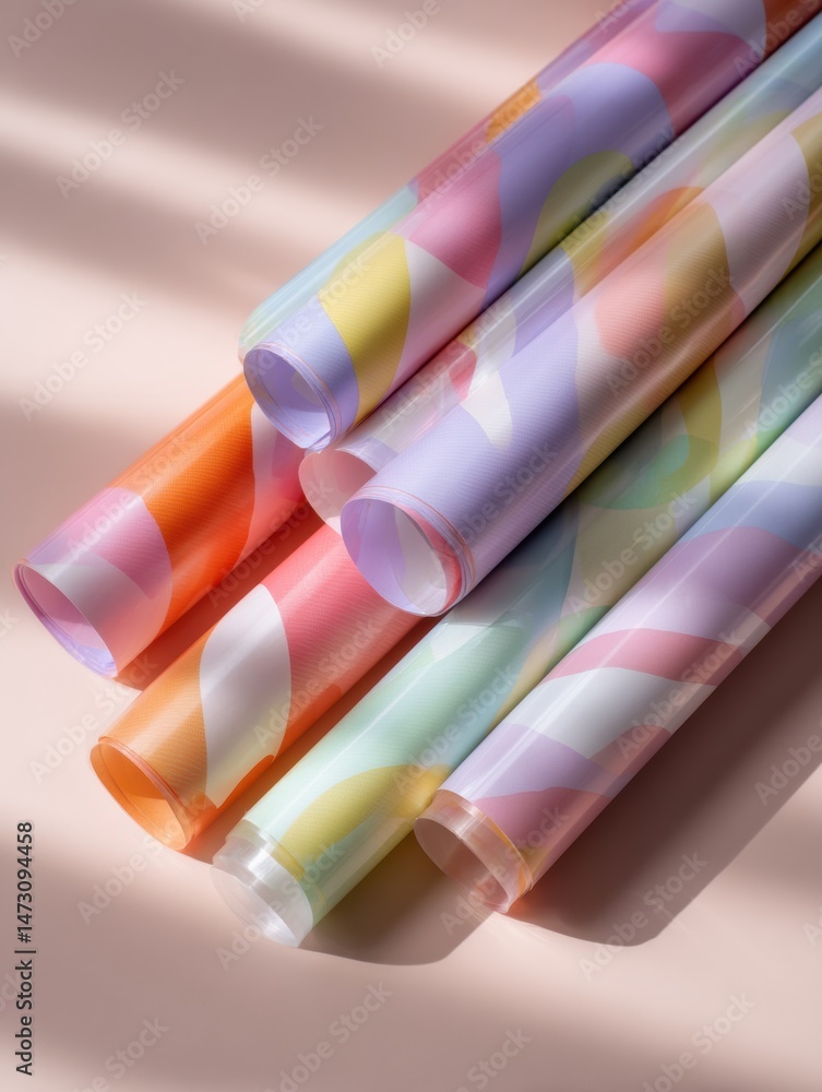 Poster abstract pastel wrapping paper rolls arranged in a colorful display on a soft surface