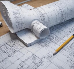 Architectural drawing on blueprint photo mockup  Creative visualization, modern design ,  art,  plan