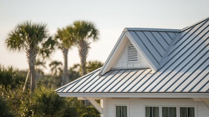 Elevated view of a light gray metal roof on a house.