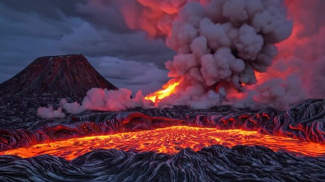 Dramatic volcanic eruption with glowing lava, thick smoke clouds, and a molten lava lake in the foreground. The intense natural spectacle is perfect for disaster-themed content, geology education, cin