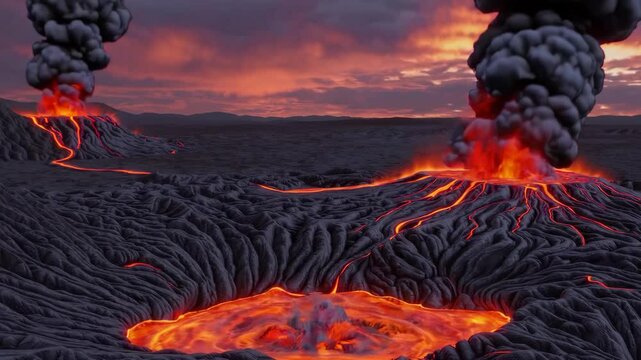 Dramatic volcanic eruption with glowing lava, thick smoke clouds, and a molten lava lake in the foreground. The intense natural spectacle is perfect for disaster-themed content, geology education, cin