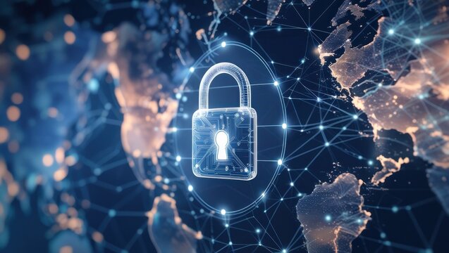 secure network Padlock icon overlaid on a digital network map