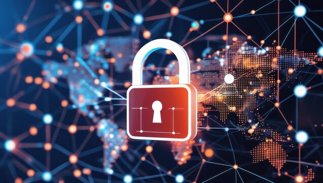 secure network Padlock icon overlaid on a digital network map