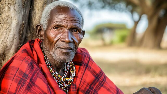 A wise elder sits under a tree, adorned in traditional attire