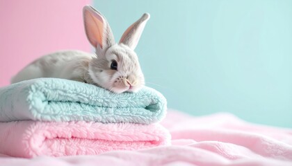 Adorable rabbit relaxing on a pile of soft blankets, cozy scene of comfort and warmth