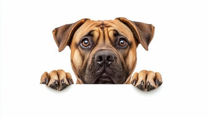 Fototapeta premium Cute brown dog peeking over white background, paws on edge.