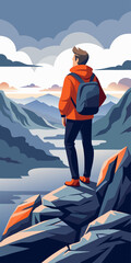 Fototapeta premium Backpacker Reaching the Summit of a Mountain vector Background