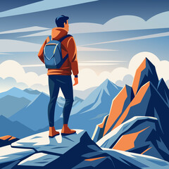 Fototapeta premium Backpacker Reaching the Summit of a Mountain vector Background
