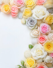 A beautiful arrangement of colorful roses on a white background.