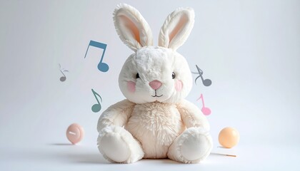 Obraz premium Adorable stuffed rabbit toy sitting peacefully on a wooden table, touch of childhood charm