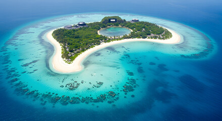 Fototapeta premium Aerial view of a tropical island with white sand beaches, lush vegetation, and turquoise waters, offering a luxurious and secluded getaway.