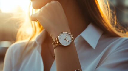 Elegant woman wearing a gold watch, capturing the golden hour glow and timeless style