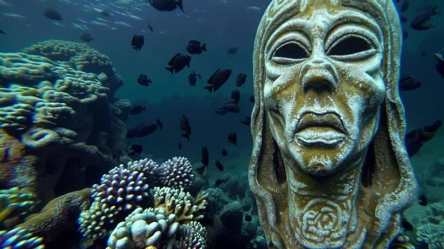 A mysterious human-like statue submerged among vibrant coral reefs, surrounded by fish. The image hints at a lost civilization or forgotten underwater deity &mdash; ideal for themes of myth, Atlantis, or ec