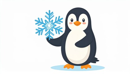 Naklejka premium Charming winter encounter, a penguin carries snowflake on its back in frigid landscape