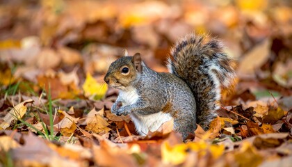 Fototapeta premium Curious squirrel foraging through a colorful carpet of autumn leaves in the woods