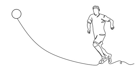 continuous one line art of a man playing soccer on a field. vectors illustration