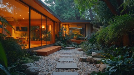 Fototapeta premium Modern home garden pathway with warm lighting. Lush landscaping and glass walls