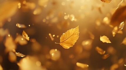 Golden leaves falling in sunlight, autumn season.
