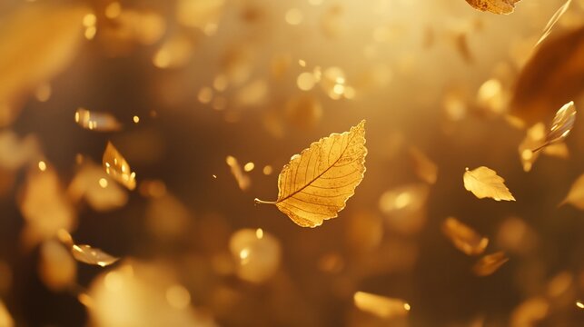 Fototapeta Golden leaves falling in sunlight, autumn season.