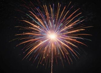 Obraz premium Vibrant firework explosion, multicolored sparks against black night sky, orange, fireworks