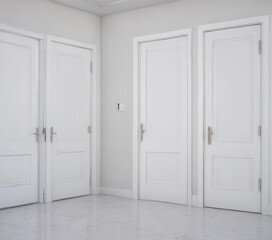Multiple white doors, various states, bright white setting ,  home,  home decor