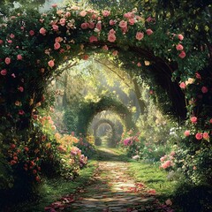 Rose-filled enchanted garden path
