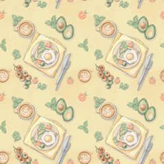 Seamless pattern with breakfast, coffee, egg toast, avocado and tomatoes