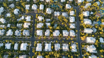 Obraz premium High-angle view of a residential neighborhood with numerous white houses.