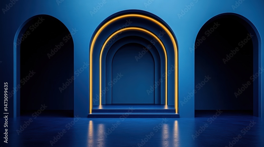 Poster minimalist futuristic blue tunnel with glowing golden arches in modern architectural design creating
