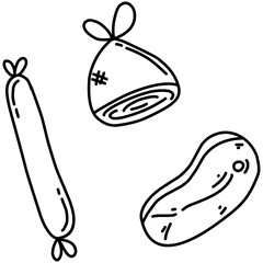 Variety of meat  cartoon doodle background. Sausages, bratwurst, Chunk of meat steak. Chicken meat. Tied Baloney. Various meat product for wallpaper and wrappers decoration. 