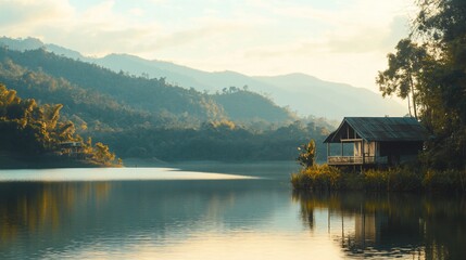 Obraz premium Scenic Lakeside Retreat at Sunrise with Mountain Backdrop and Tranquil Water Reflections