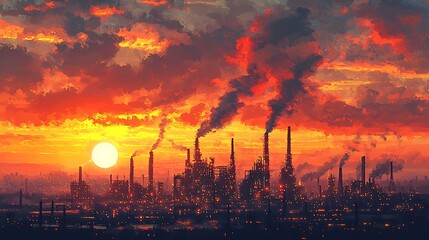 Fototapeta premium Breathtaking sunset over industrial cityscape with oil refinery and thick smoke in the background