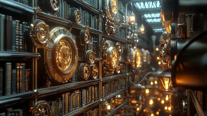 Ornate steampunk library interior design. - Powered by Adobe