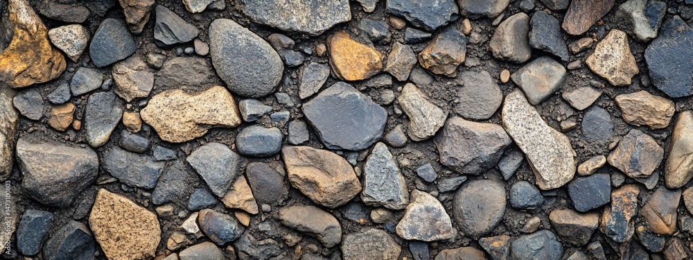 Poster close-up of various-sized, multicolored stones, creating a textured surface.