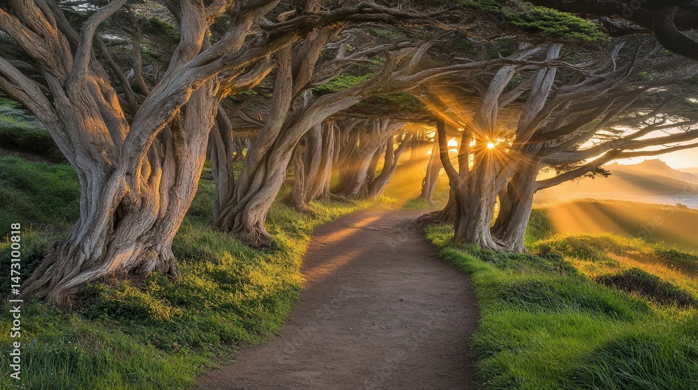 Poster sun rays illuminate a path through a grove of windswept trees at sunrise.