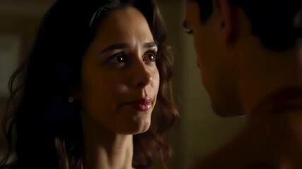 Romantic moment shared between two characters showcasing emotional connection and intimacy in a dimly lit setting