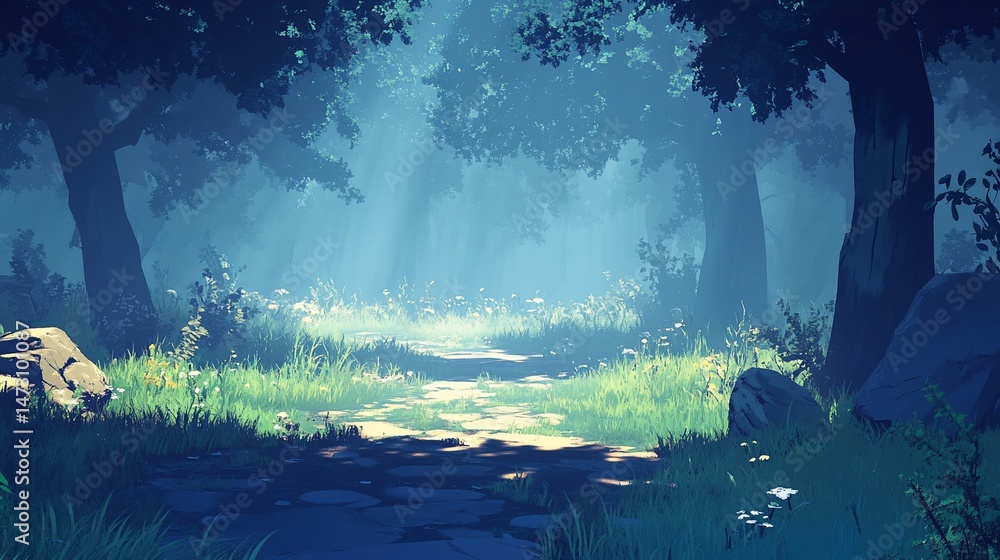 Poster sunlit path through a mystical forest with lush greenery and stone pathway.