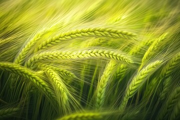 Aerial view of a lush green wheat field with intricate patterns, portraying a serene and picturesque agricultural landscape.