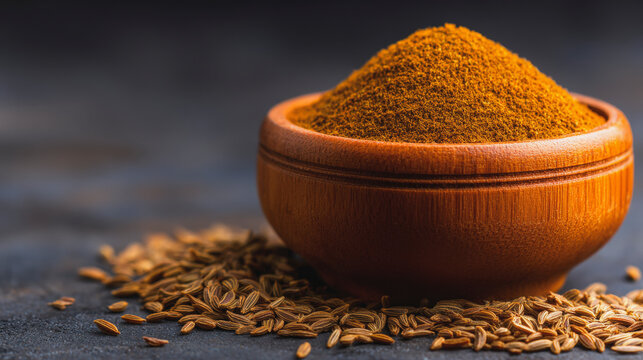 Ground cumin powder in a wooden bowl next to whole cumin seeds on a dark textured surface, evoking rich culinary flavors.