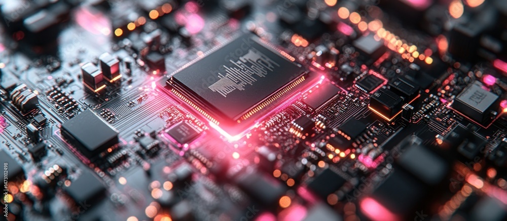 Aufkleber high-tech circuit board: a close-up view of a microchip's intricate design and glowing pink illumina