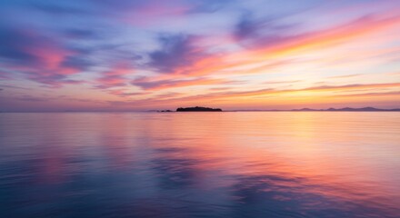 Naklejka premium Serene Sunset Over Calm Ocean With Island Silhouette