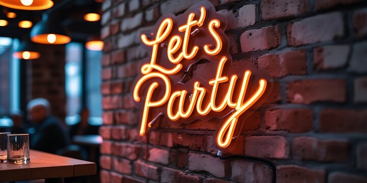 Vibrant neon sign saying "Let’s Party" glowing against an exposed brick wall in a trendy bar setting, with moody lighting and empty glasses, evoking nightlife celebration vibes

 - Powered by Adobe