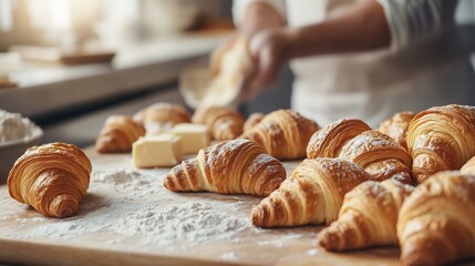 Freshly baked croissants on a wooden board, dusted with flour, butter cubes nearby, baker adding ingredients in background.