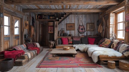 Rustic mountain cabin living room interior design.