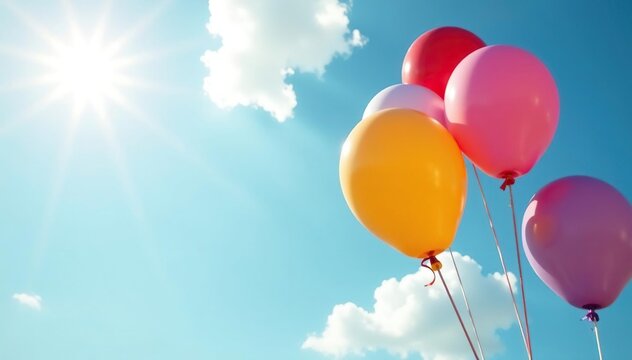 Brightly colored balloons float against a sunny sky, creating a joyful, playful scene , merry, bright