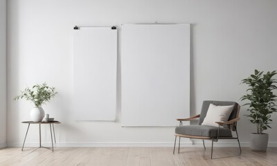Modern minimalist interior, poster mockup on white wall with clips,  hanging,  clean background
