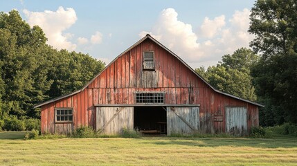 Obraz premium Rustic red barn stands tall amidst a grassy field.