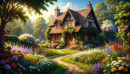 Enchanting cottage getaway, a tranquil retreat nestled in the woods amidst colorful flowers and trees