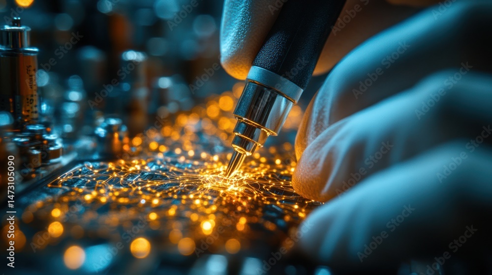 Poster high-tech precision: a close-up of skilled hands working on an intricate circuit board, illuminating