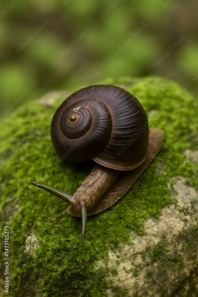 Poster a snail with a detailed spiral shell moves slowly across a vibrant green moss-covered rock surface i